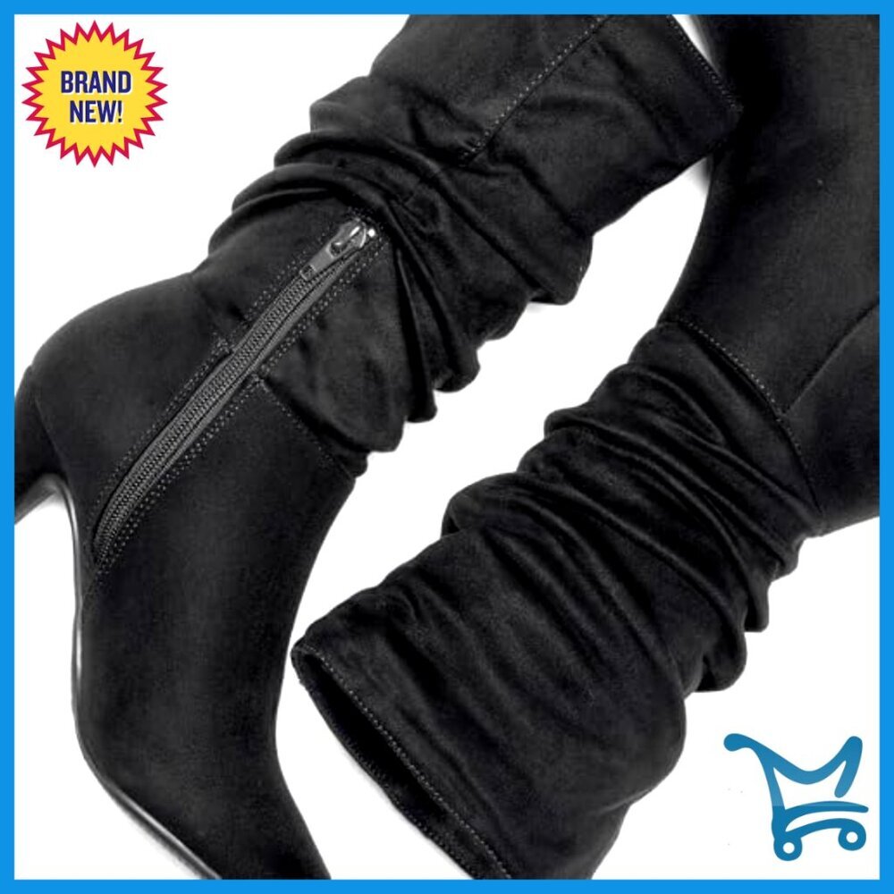 Women's Mid Calf Boots Slouchy Pointed Toe High Heel Fall Winter Boots - Picture 2 of 7